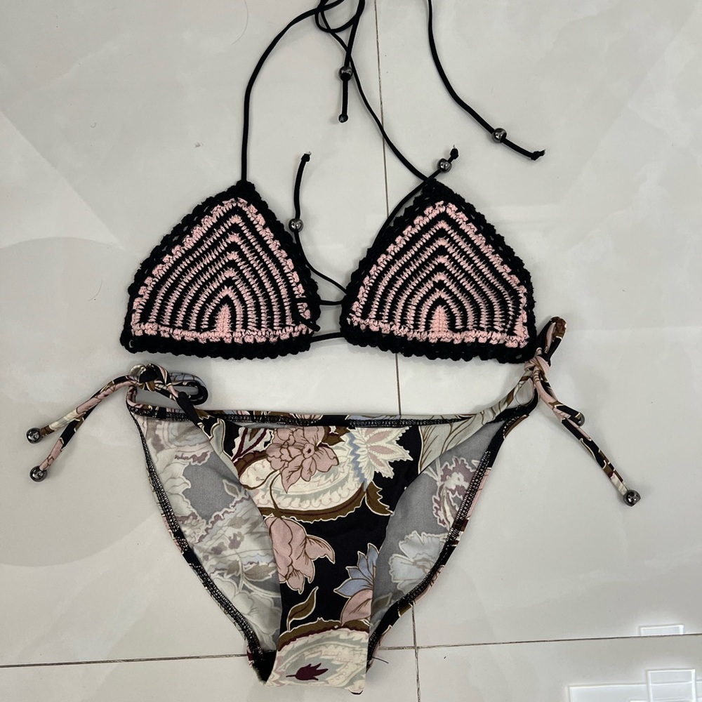 Zimmermann Black and Pink Crochet Triangle Bikini Set
